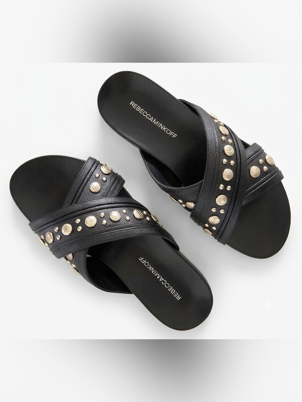 Rebecca Minkoff |  Black Slide Sandals with Gold Studs Crossed Straps
